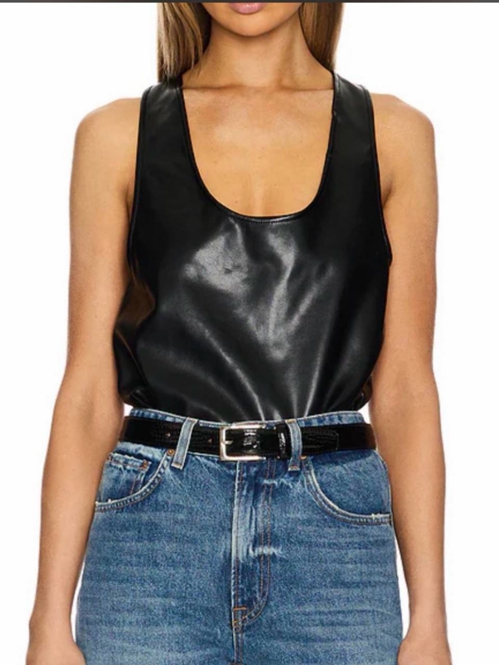 SER.O.YA Black Faux Leather Scoop Tank Top
